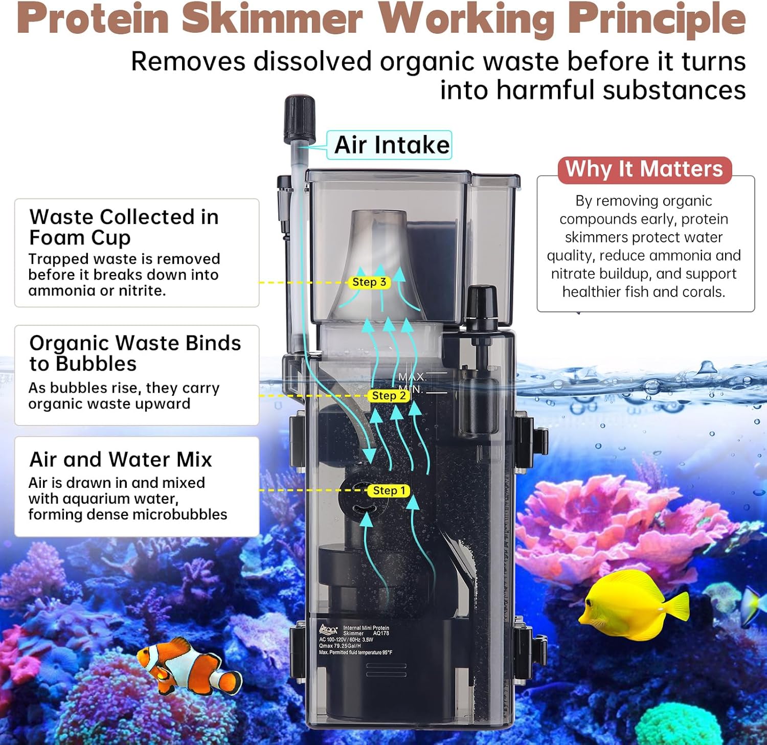 AQQA Aquarium Protein Skimmer for Saltwater Fish Tank Nano Surface Skimmer Filter Pump 79GPH Ultra Quiet for 50-80 Gallon Tank
