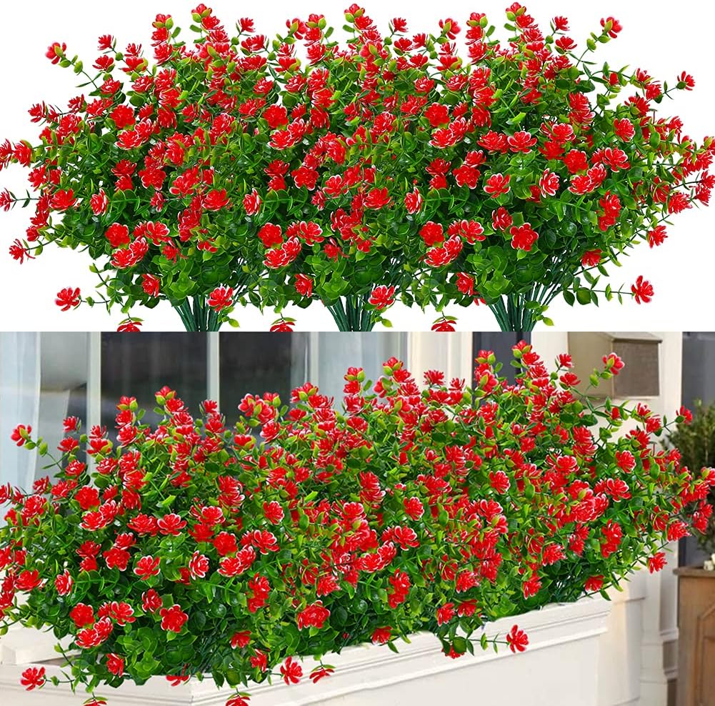 24 Bundles Outdoor Artificial Flowers UV Resistant Fake Boxwood Plants, Faux Greenery for Indoor Outside Hanging Plants Garden Porch Window Box Home Wedding Farmhouse Décor (Red)
