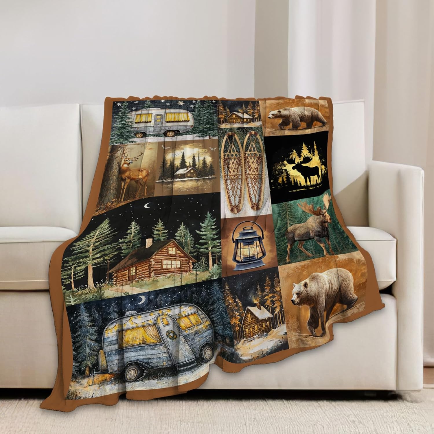 Camping Blanket Cabin Bear Deer Throw Blankets Gifts for Girls Boys Kids Camping Lover Soft Cozy Fleece Plush for Couch Sofa Bed 60"x50"