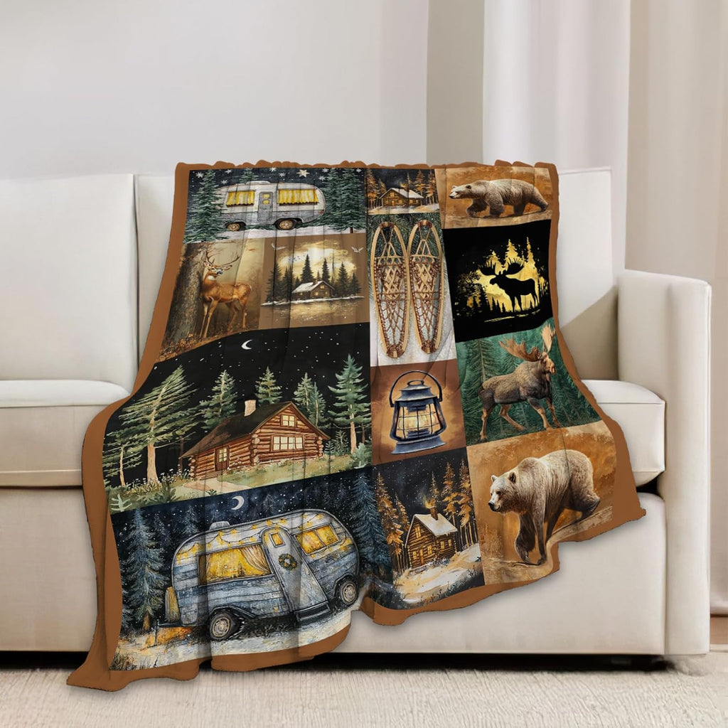 Camping Blanket Cabin Bear Deer Throw Blankets Gifts for Girls Boys Kids Camping Lover Soft Cozy Fleece Plush for Couch Sofa Bed 80"x60"