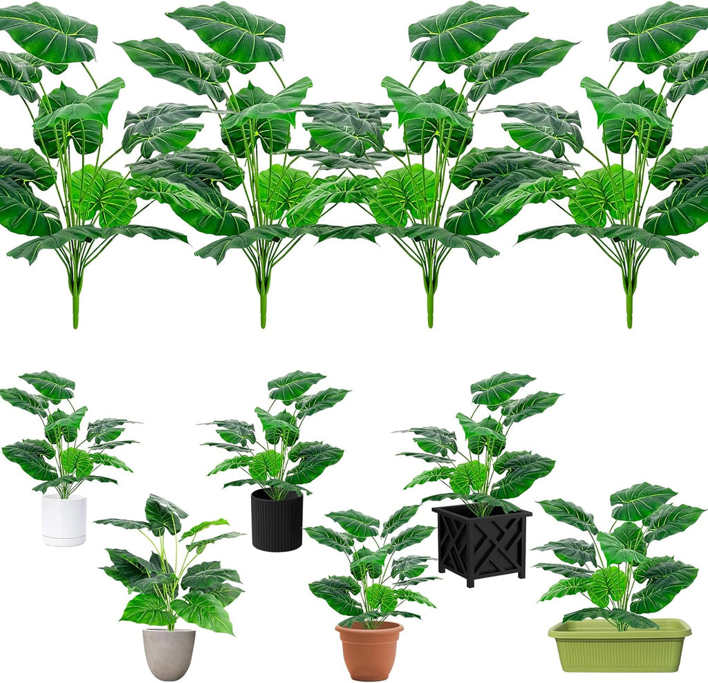 Artificial Faux Alocasia Tree Leave Plants - 4PCS 28'' Tall Fake Alocasia Leaf Plant Indoor Outdoor, Large Faux Floor Plant for Living Room Bathroom Bedroom Plants Decor, Farmhouse Home House Decor