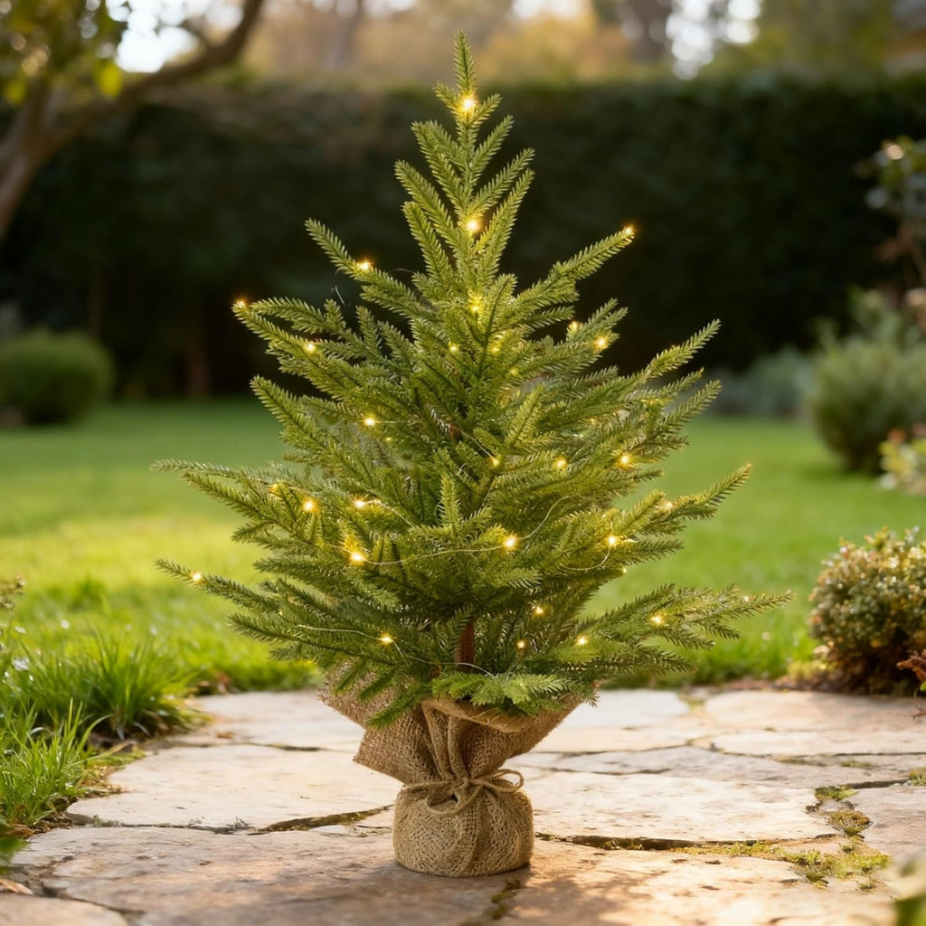 24 Inch Pre-Lit Artificial Mini Christmas Tree with Twinkling Warm LED Lights and Realistic Norfolk Pine, Solid Burlap Base Basin, for Xmas Home, Office, Tabletop, Party Decoration