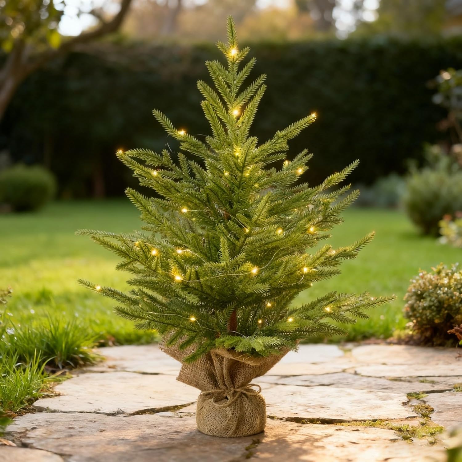 24 Inch Pre-Lit Artificial Mini Christmas Tree with Twinkling Warm LED Lights and Realistic Norfolk Pine, Solid Burlap Base Basin, for Xmas Home, Office, Tabletop, Party Decoration