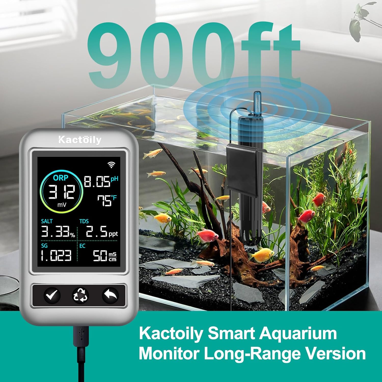 kactoily Digital Aquarium Water Tester, Salinity pH ORP TDS EC Temp Multi-Parameter Tester for Freshwater Saltwater Fish Tanks Real-Time Alerts