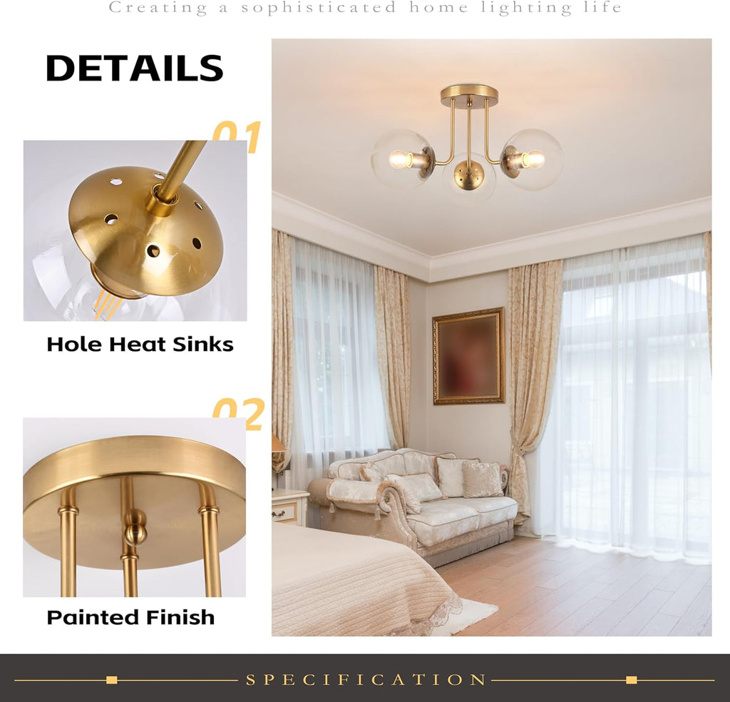 KoKo&Yukina 3-Light Semi Flush Mount Ceiling Light Globe Lights Mid Century Ceiling Light with Clear Glass Globe & Brushed Brass for Bedroom Hallway Entryway Kitchen Living Room (Bulb Incl.)