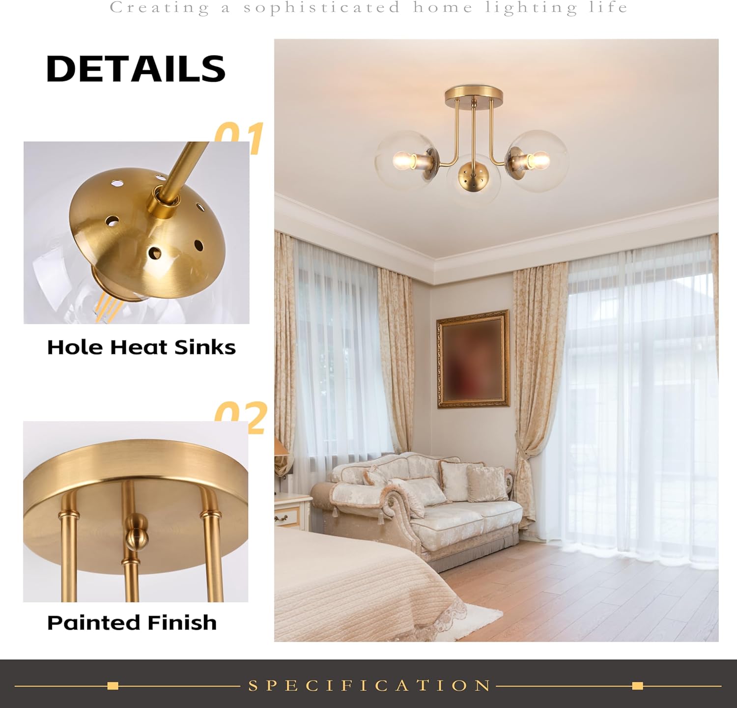 KoKo&Yukina 3-Light Semi Flush Mount Ceiling Light Globe Lights Mid Century Ceiling Light with Clear Glass Globe & Brushed Brass for Bedroom Hallway Entryway Kitchen Living Room (Bulb Incl.)