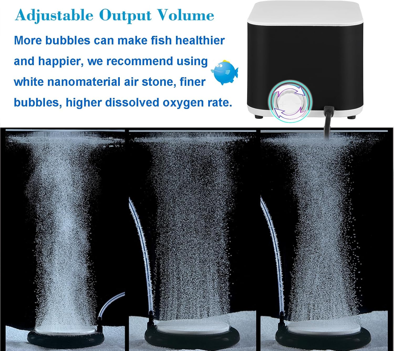 Carefree Fish 5W 160Gph Aquarium Air Pump 2 Outlets Super Quiet and Powerful Adjustable Oxygen Pump Aerator Pump with 6Ft Tubing and 2 Air Stones Up to 300 Gallon Fish Tank