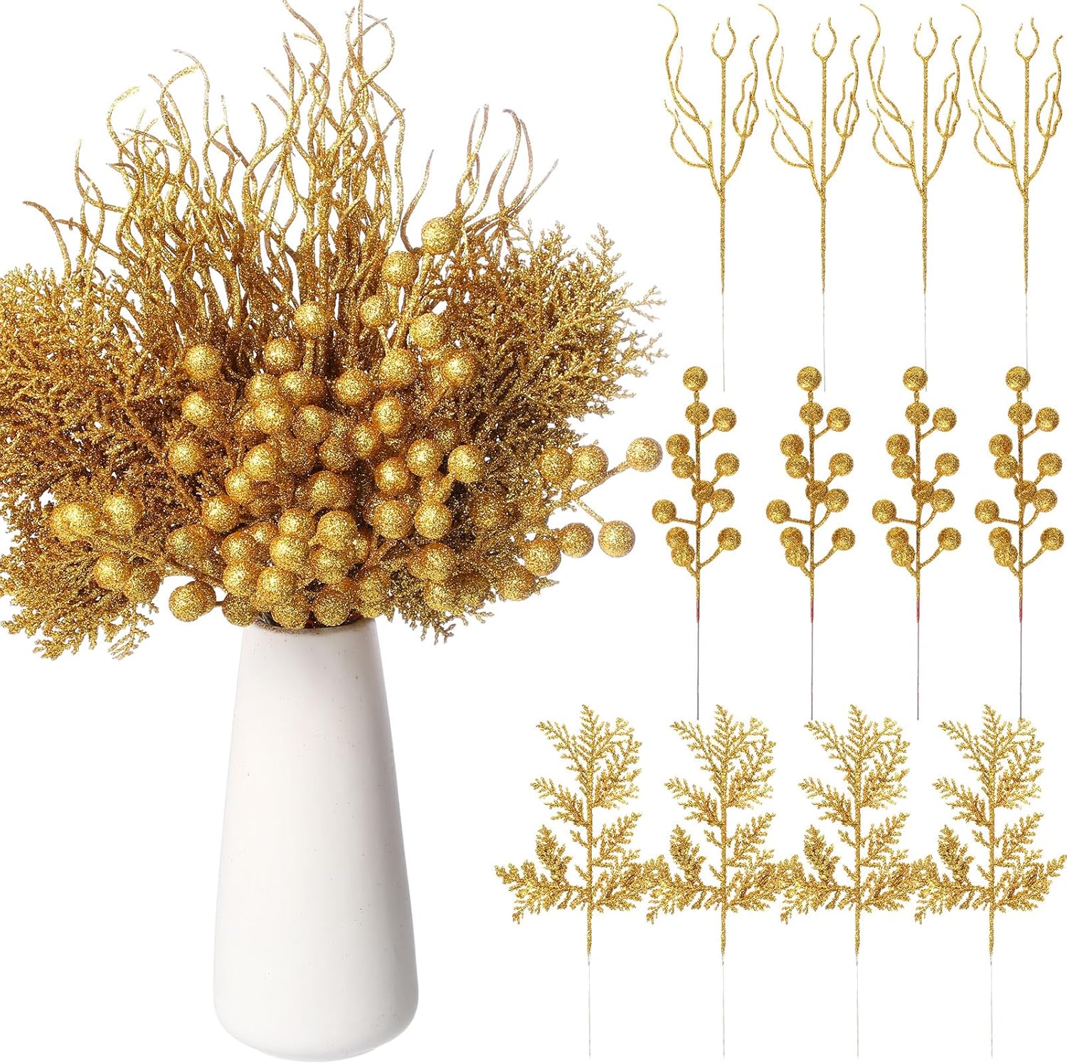 75 Pcs Christmas Glitter Branches 3 Styles Artificial Christmas Picks Berries Stems Pine Needles Floral Twig Spray for Xmas Tree Ornaments DIY Wreath Garland(Gold)