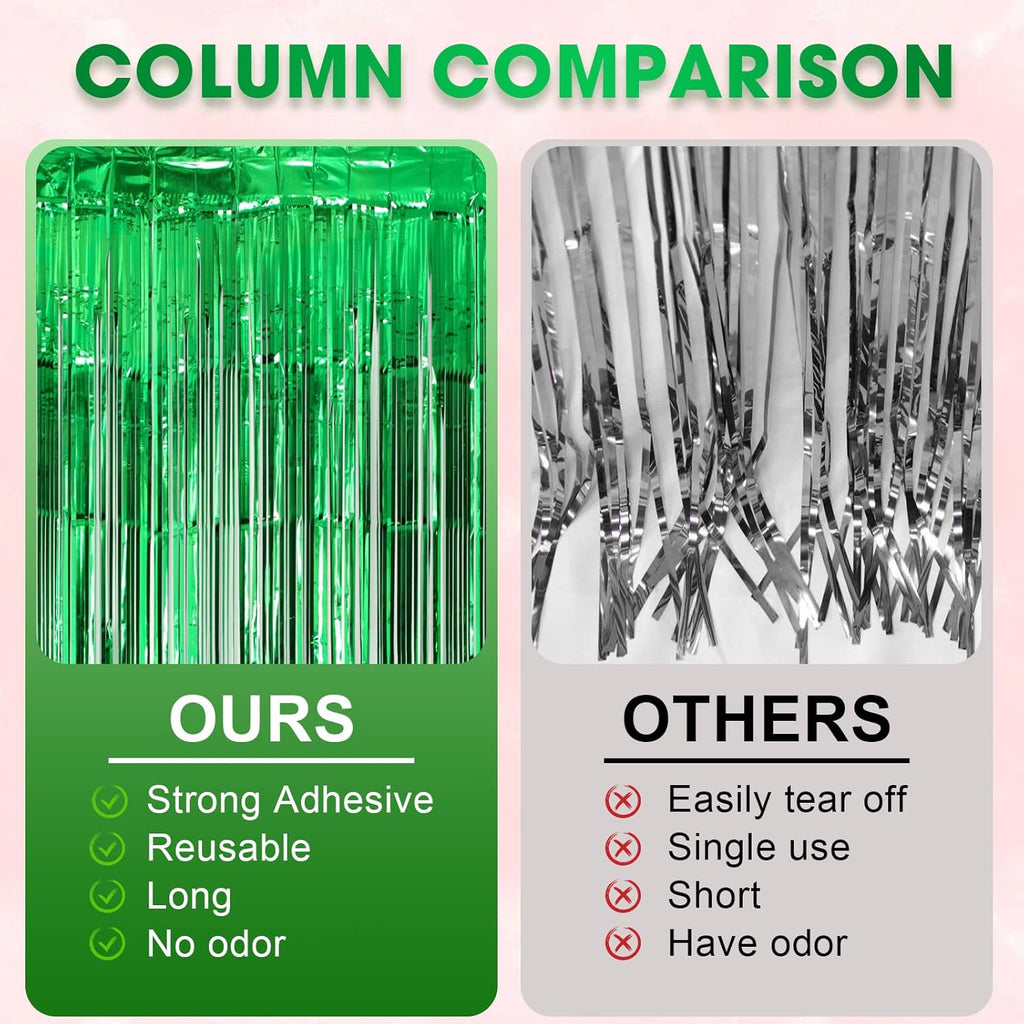 2 Pack Green Foil Fringe Backdrop Curtains, Tinsel Streamers Birthday Party Decorations, Fringe Backdrop for Graduation, Dinosaur Theme, Green Party