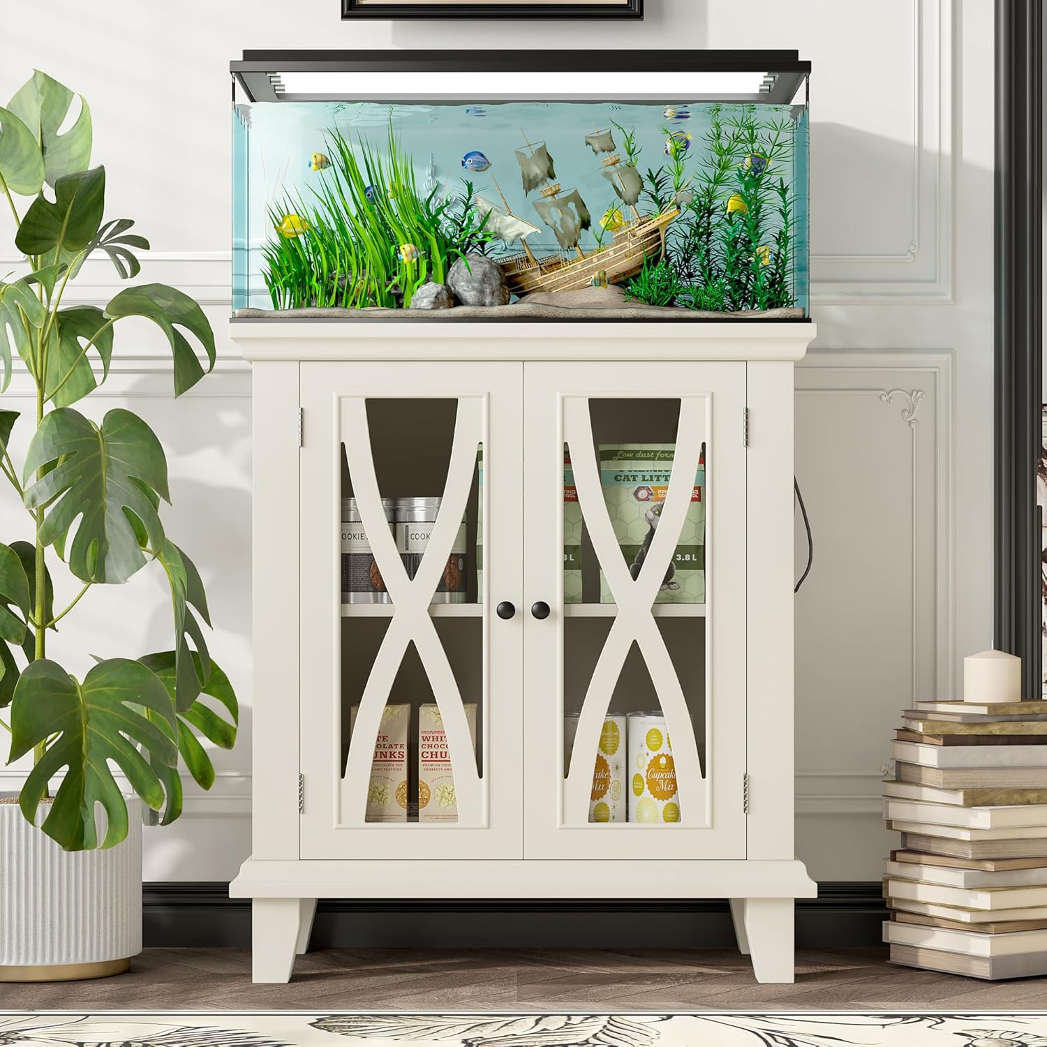 20 Gallon Aquarium Stand With Power Outlets, Farmhouse Fish Tank Stand, Reptile and Terrarium Stand with Cabinet Storage, Sturdy Heavy Duty 20.4" 12", Beige