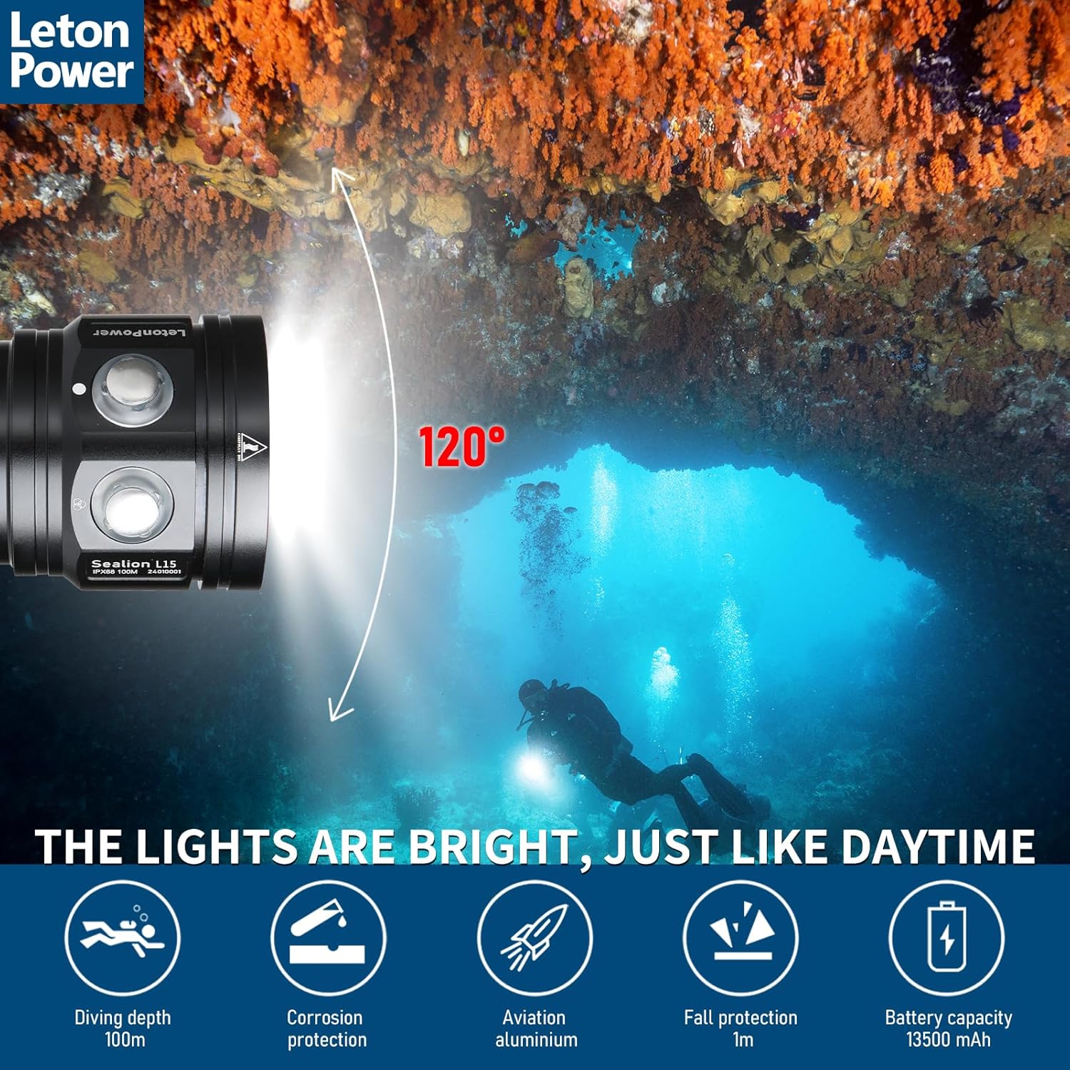 L15 10000 Lumens Underwater Video Light - 100m (330ft) Waterproof Dive Video Light with USB-C Charging, Professional Floodlight for Scuba Diving, Snorkeling & Underwater Photography