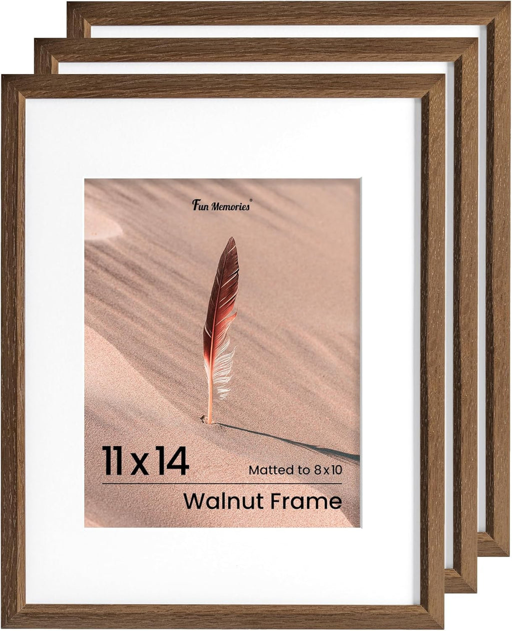 Fun Memories 11x14 Oak Picture Frame for Wall, 11x14 Frame with Matted to 8x10, Solid Wood Poster Frames for Wall Art Photo and Prints (Walnut, 3 Pack)