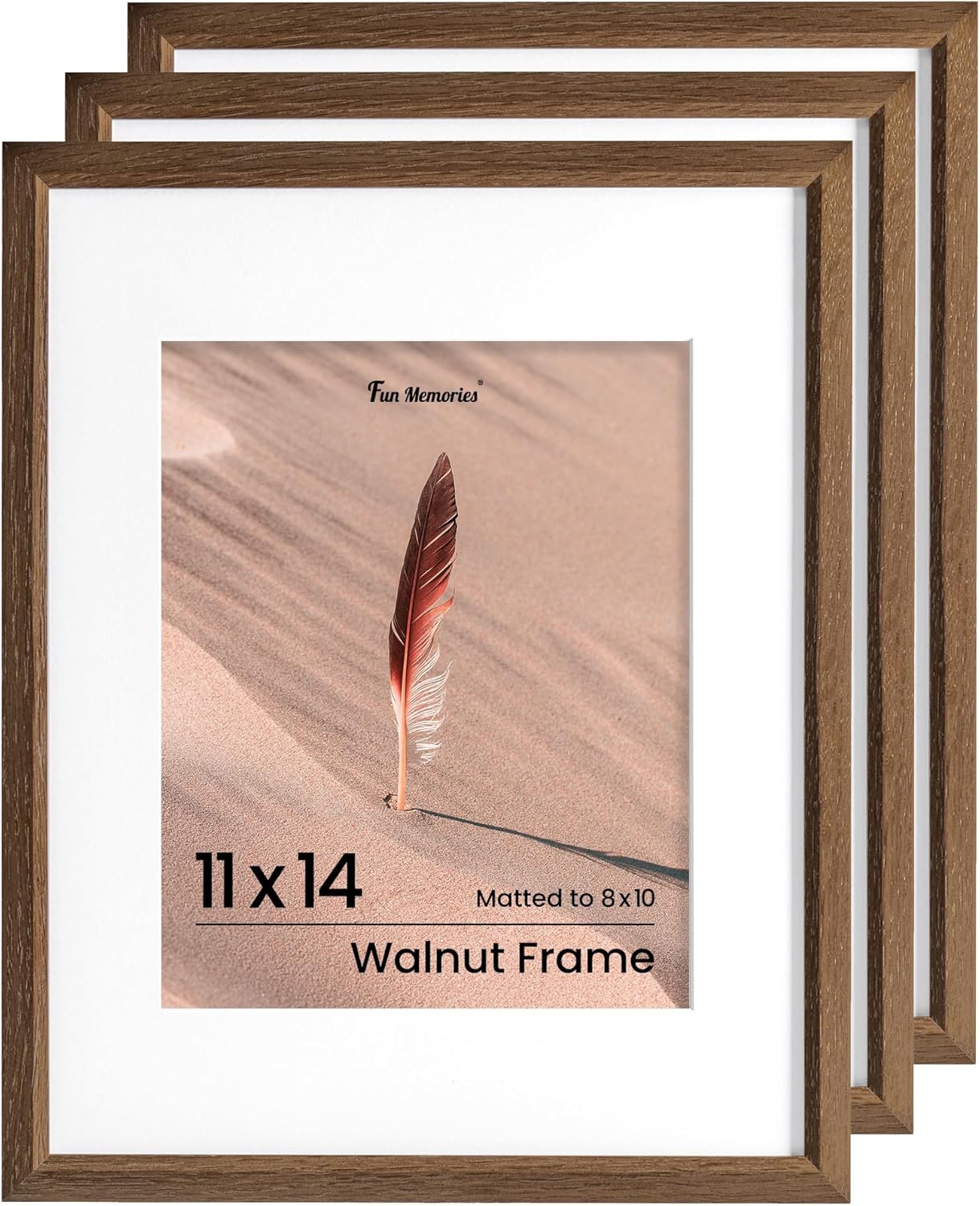 Fun Memories 11x14 Oak Picture Frame for Wall, 11x14 Frame with Matted to 8x10, Solid Wood Poster Frames for Wall Art Photo and Prints (Walnut, 3 Pack)