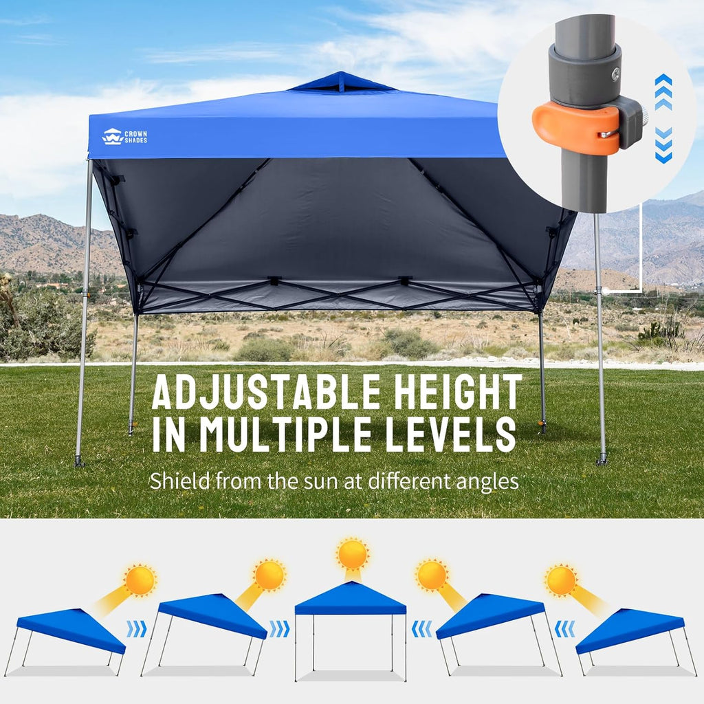 CROWN SHADES Adjustable Height on The Fly, 10x10 Pop Up Canopy - Beach Tent with One Push Setup - Easy Outdoor Sun Shade for Events, Parties, Camping - Outside Shade with STO-N-Go Bag, Blue