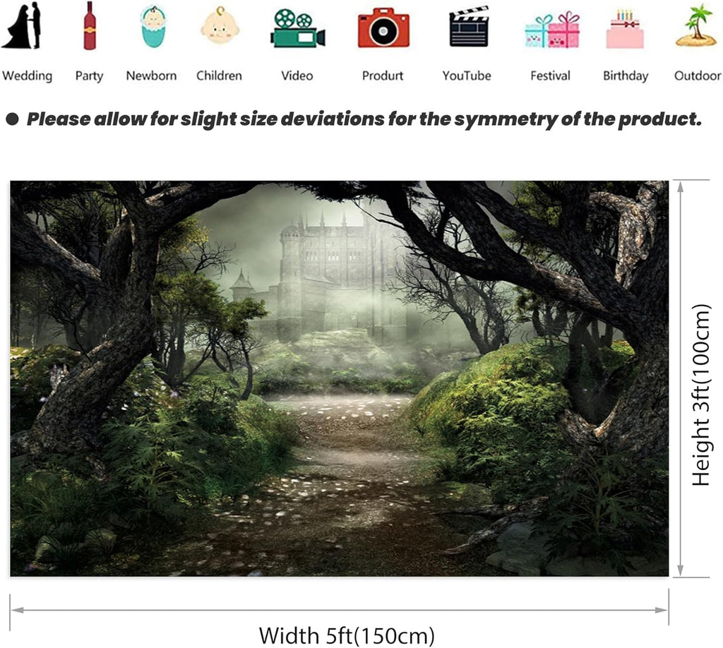 Renaiss Enchanted Forest Backdrop Fabric Green Medieval Smoky Jungle Forest Wonderland Fairy Tale Adventure Photography Background for Kids Fairytale Theme Party Decorations Photo Prop 5x3ft