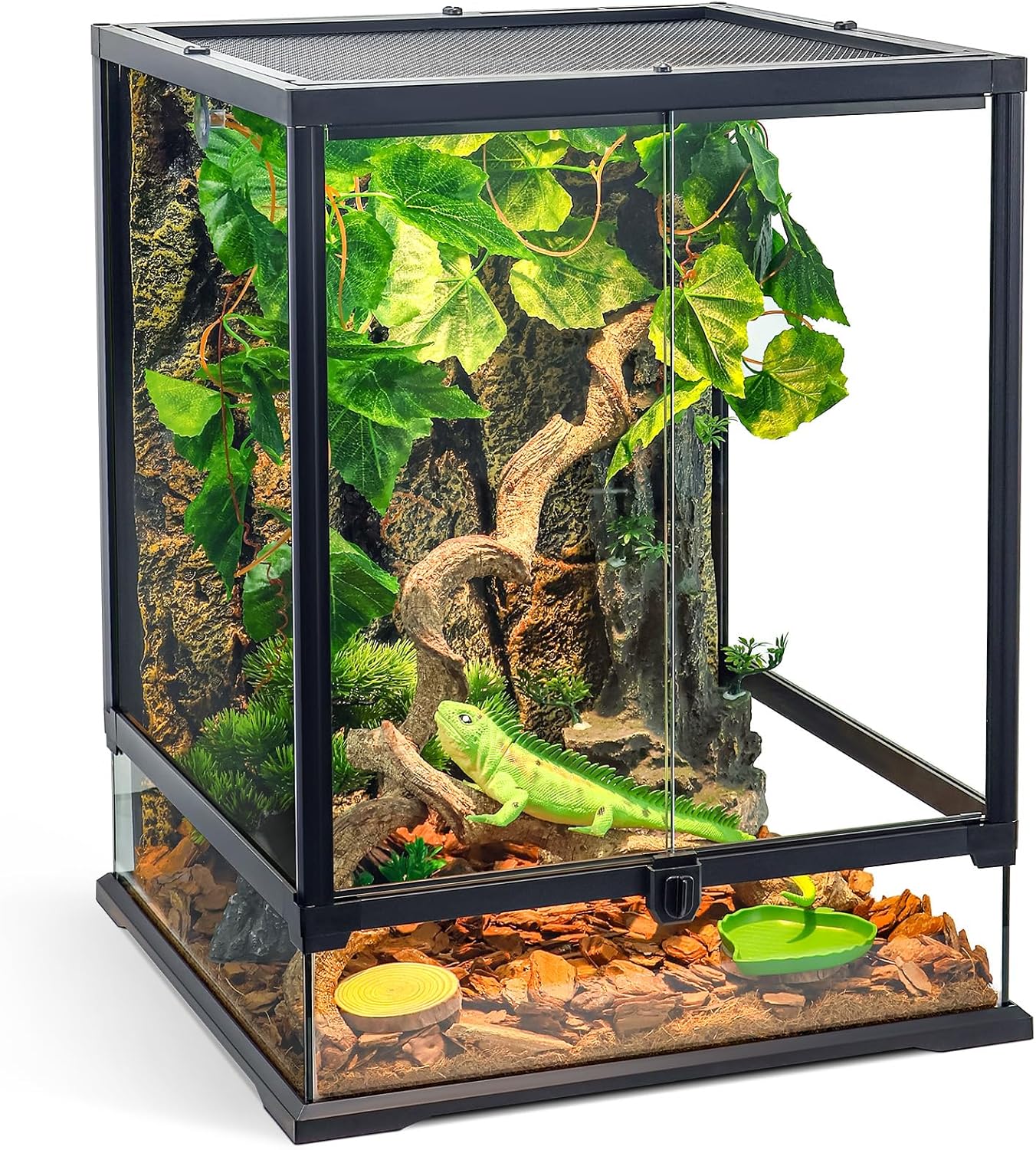 Full Glass Panoramic Vivarium for Crested Gecko Tank, Snake Enclosure, Reptile Cage with Front Door, Enhanced Ventilation & Concealed Wiring Holes 18" W x 18" x L24 H