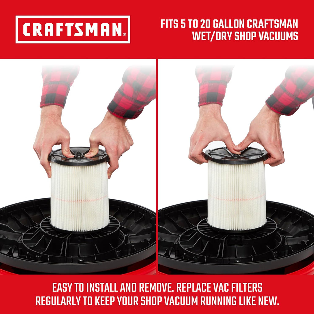 CRAFTSMAN CMXZVBE38754 Genuine General Purpose Wet Dry Vac Replacement Vacuum Filter for Most 5 to 20 Gallon CRAFTSMAN Shop Vacuums, Easy Installation and Traps General Debris