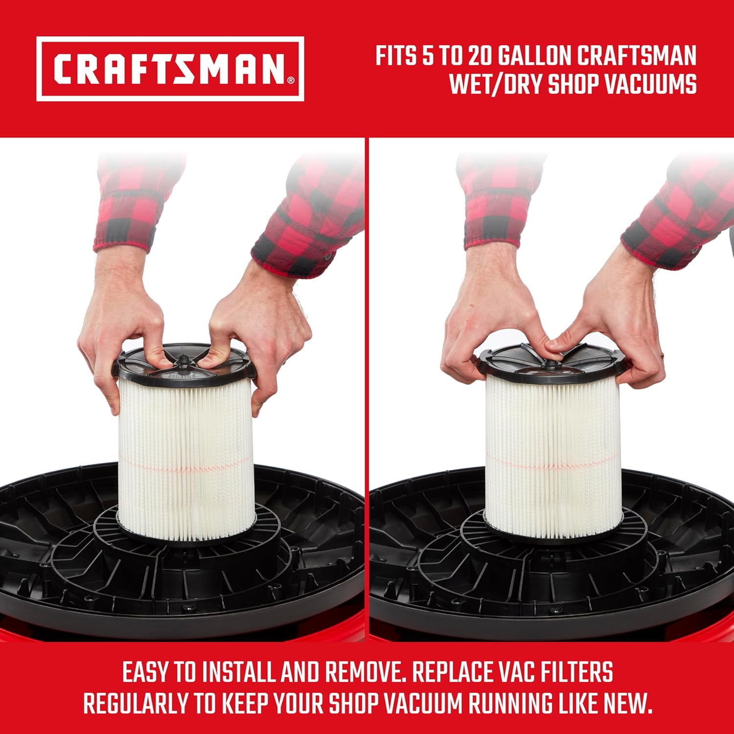 CRAFTSMAN CMXZVBE38754 Genuine General Purpose Wet Dry Vac Replacement Vacuum Filter for Most 5 to 20 Gallon CRAFTSMAN Shop Vacuums, Easy Installation and Traps General Debris