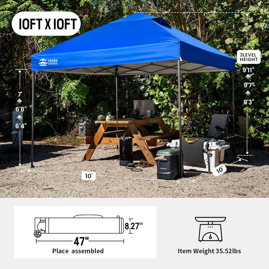 CROWN SHADES 10x10 Pop Up Canopy Tent - Patented Center Lock One Push Instant Outdoor Canopy Beach Tent with STO-N-Go Bag 8 Stakes & 4 Sand Bags，Blue