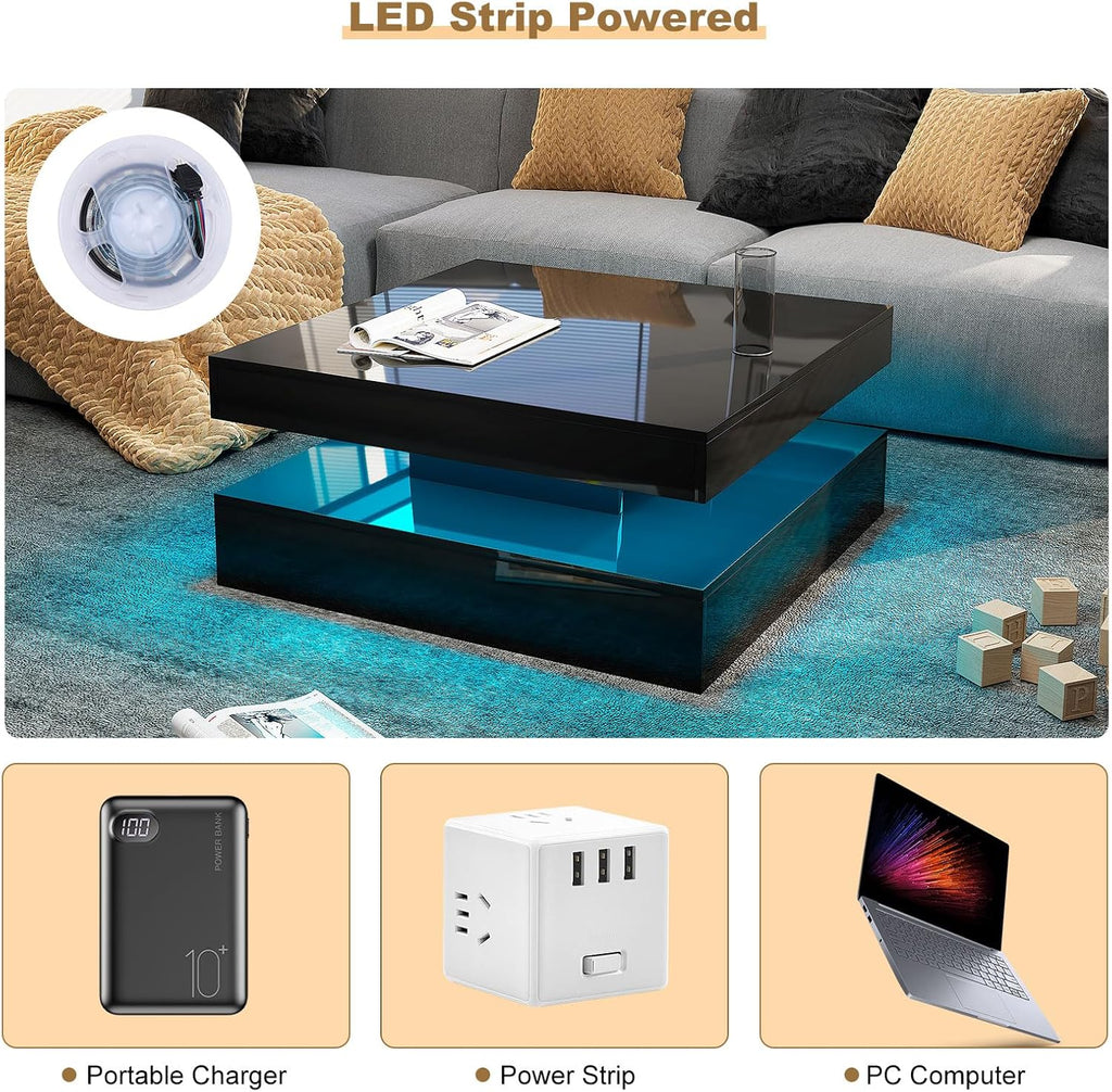 Black LED Coffee Table for Living Room, Living Room Table 2-Tier Square Middle Center Table, Modern Coffee Tables with Storage, Contemporary Wood Tea Tables for Dining Reception