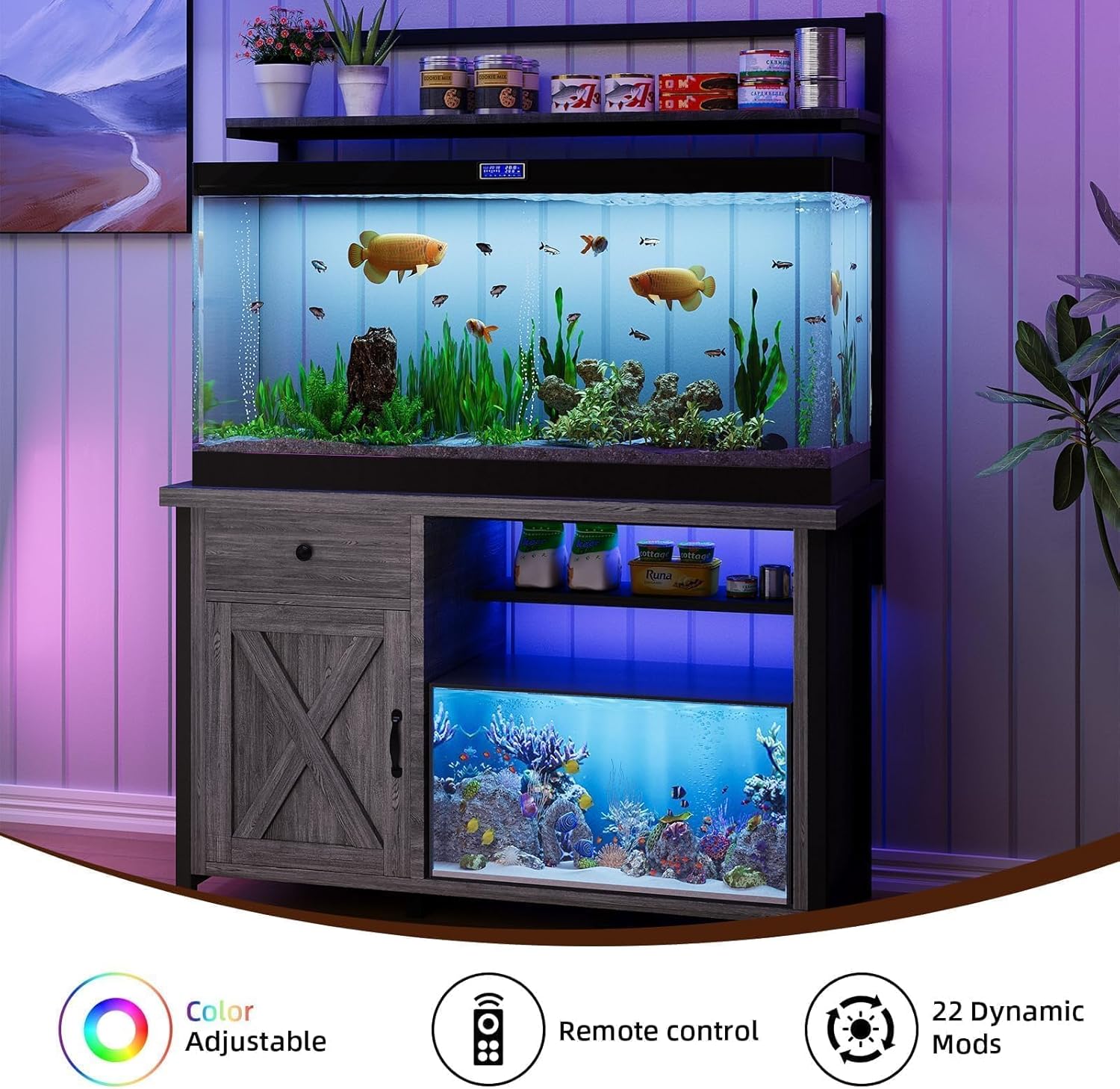 55-75 Gallon Fish Tank Stand with Power Outlet, Led Light, Aquarium Stand with Cabinet for Fish Tank Accessories Storage, Shelf, for Turtle Tank, Reptile Terrarium, 1100 LBS, Gray