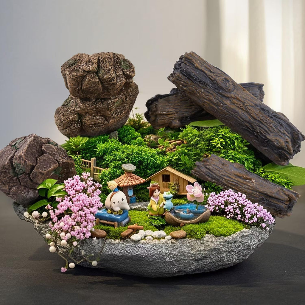 7Pcs Artificial Stump Rocks, Mini Stone Tree Statue Figurines Ornaments for Micro Train Landscape Railway Desert Sand Animal Table Diorama Accessory Garden Decoration