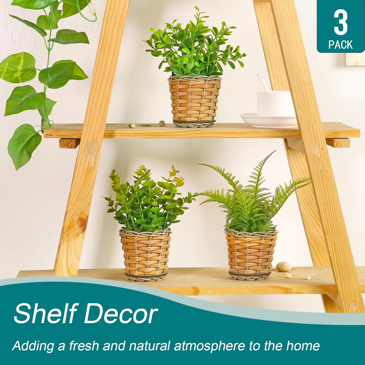 Small Fake Plants, 3 Pack Mini Potted Artificial Fern, Eucalyptus, Aglaia Odorata Plant in Rattan Pots, for Farmhouse, Home Decor, Office, Bathroom, Desk, Indoor & Outdoor