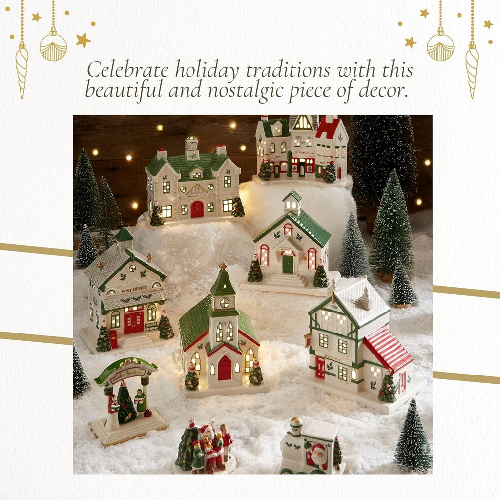 Spode Christmas Tree Miniature Village Figural Decoration, LED Lighted Christmas Village Set, Ceramic Holiday Decor - Dolomite Collectible for Indoor Display (Post Office)