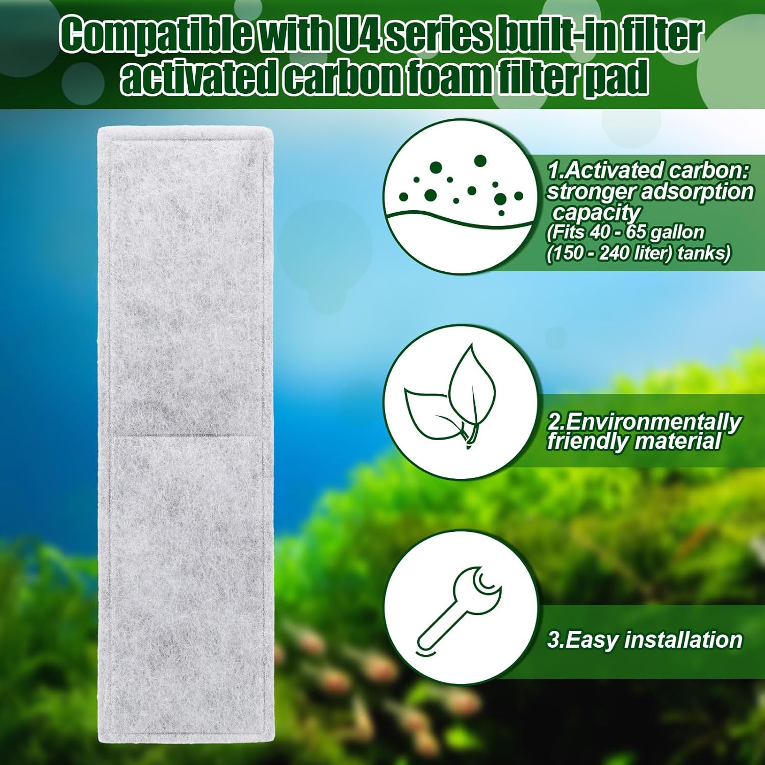 Pangda 8 Pcs Carbon Foam Filter Pads for Compatible with Fluval U4 Range of Internal Filters Replacement Compatible with Fluval U4 Range of Underwater Filter