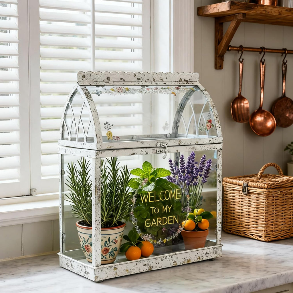 Large House Shape Glass Terrarium with Acrylic Lid, White Geometric Greenhouse - Style Planter for Ferns, Succulents, Air Plants, Handmade Indoor Tabletop Decor (Terrarium Only)