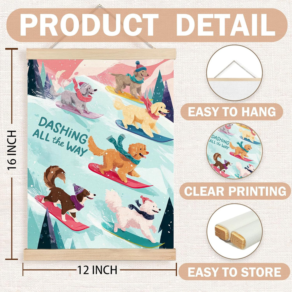 FDHSPAAM Funny Dog Skiing Wall Art Decor, Winter Home Decor, Dog Lovers Mom Gifts, Winter Holiday Cute Dogs Ski Wall Art Posters for Lodge Cabin Home Bedroom Living Room, 12x16 Inch