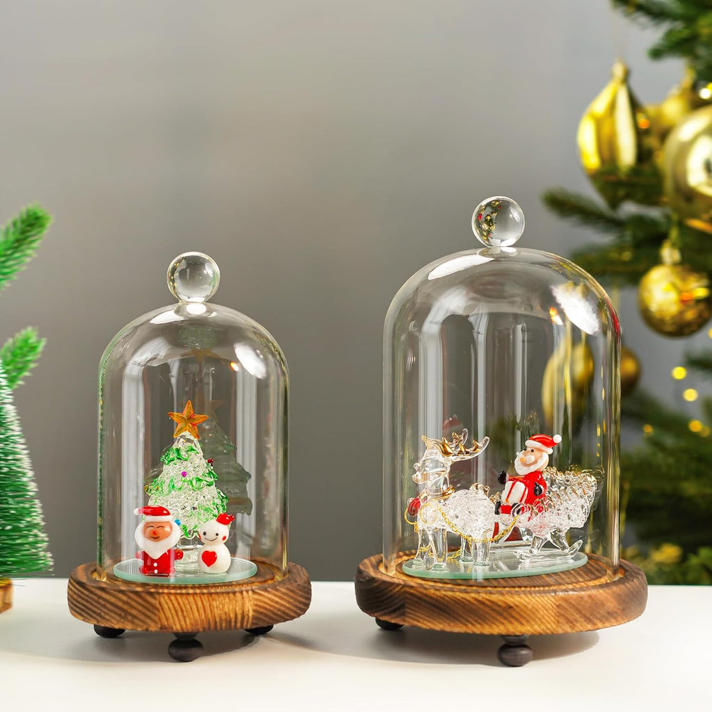 ZEERSHEE Pack 2 Clear Glass Dome with Wooden Base Glass Display Cloche Bell Shape Dome for Antique Collectibles Specimens Plants Dustproof Christmas Gift for Women（3.7*6.4in,3*5.6in