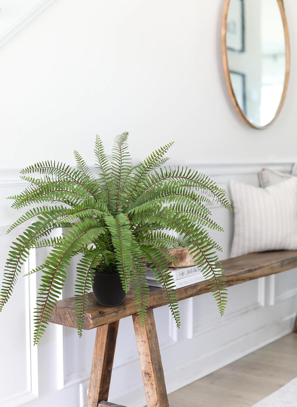 Hollyone Large Artificial Fern Potted Plant for Outdoors Indoors Lifelike Faux Boston Fern Artificial Plants in Black Pot for Garden Patio Home Farmhouse Windowsill Office Decoration