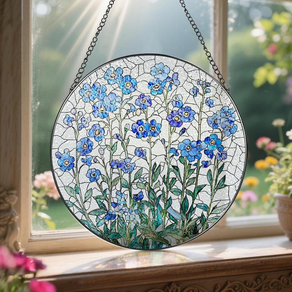 8 Inch Stained Glass Window Hanging, Forget Me Not Flower Stained Glass Suncatcher, Window Decor, Plant Lover Gift for Women, Forget Me Not Gifts for Couples, Best Friend, Family, Colleague, Classmate