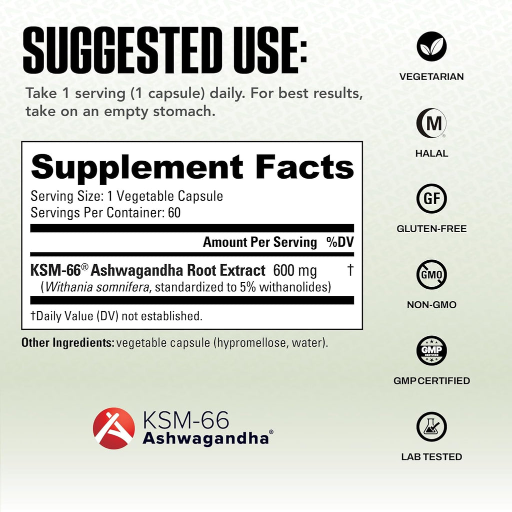 NutraBio Ashwagandha KSM-66 | Ashwagandha Herbal Supplement for Stress, Mood, & Performance | 600 MG of Clinically Studied KSM66 60 Capsules