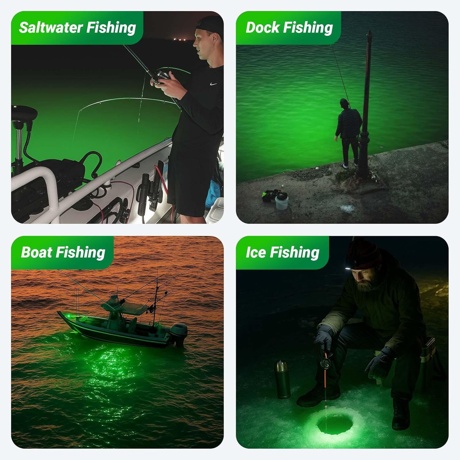 Rechargeable Underwater Fishing Light, Built-in Battery & Cordless, Remote Dimmable, Auto-On in Water, IP68 Waterproof, Multi-Color, Suitable for Boat, Dock, Freshwater, and Saltwater