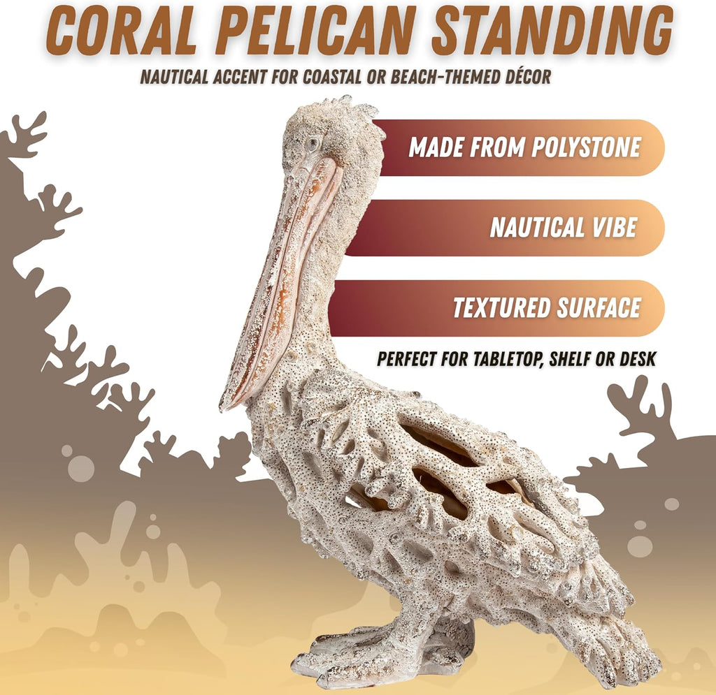 White Pelican Standing Figurine - 13.75” Coral Reef Nautical Decor Coastal Beach Home Accent Ocean Statue for Shelf, Tabletop, or Mantel Display
