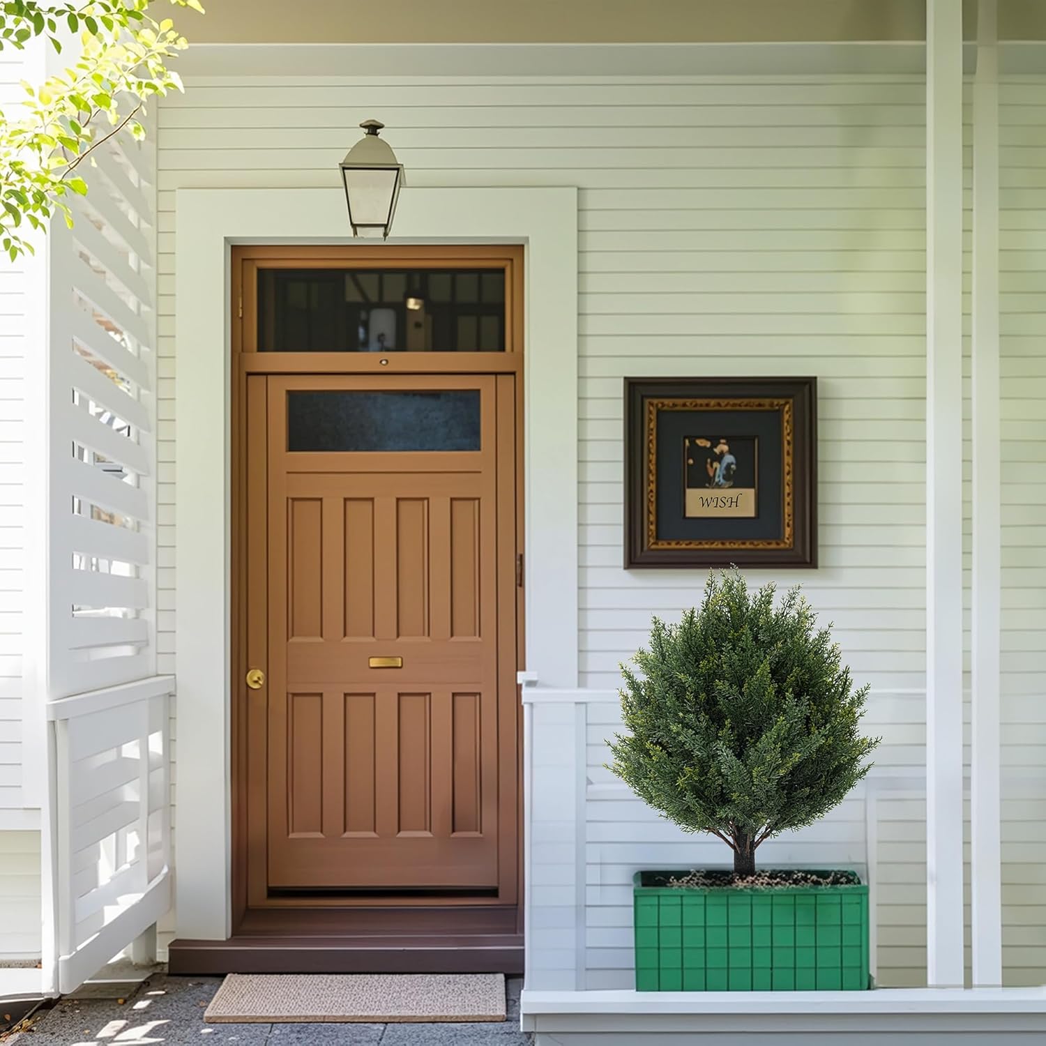 24" Artificial Cypress Topiary Tree with Ground Spike, Fake Shrubs UV Resistant Artificial Cedar Bushes, Set of 2 Faux Plants for Indoor Outdoor Front Porch Garden