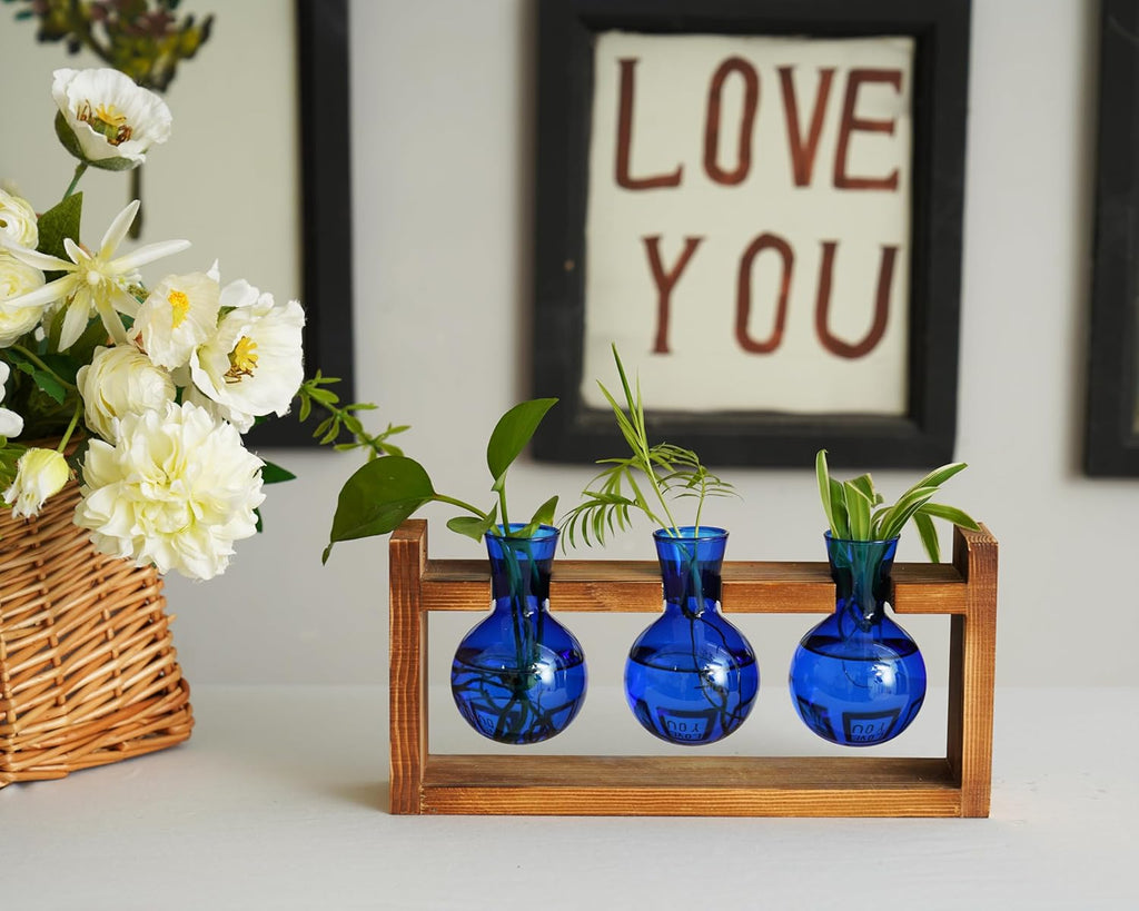 Kingbuy Glass Plant Terrarium Propagation Station - 3 Bulb Colored Vases with Retro Wood Stand Indoor Garden Planter - Wall Mounted & Desktop Decor for Home Kitchen Wedding, Gift for Plant Lover, Blue