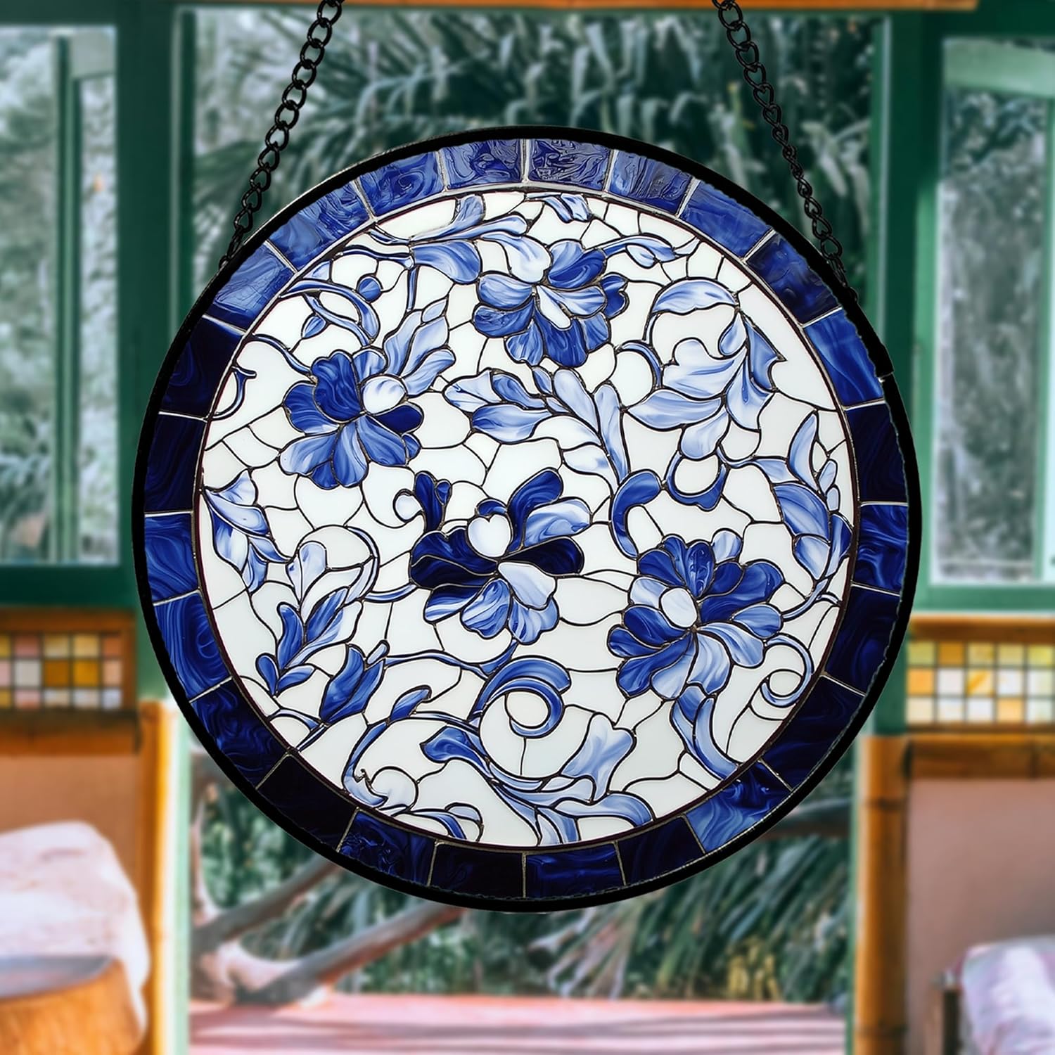 Stained Glass Window Hanging, Blue and White Abstract Flowers Sun Catcher for Door Home Decor Suncatcher Christmas Mother's Day Birthday Gifts for Women Men Mom and Nana 15 in