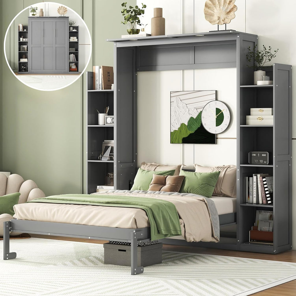 MERITLINE Full Murphy Bed Kit with Storage 8 Shelves and LED Lights, Wood Murphy Bed Cabinet Murphy Bed in a Cabinet Grey Murphy Wall Bed Units Full Size, LP00069