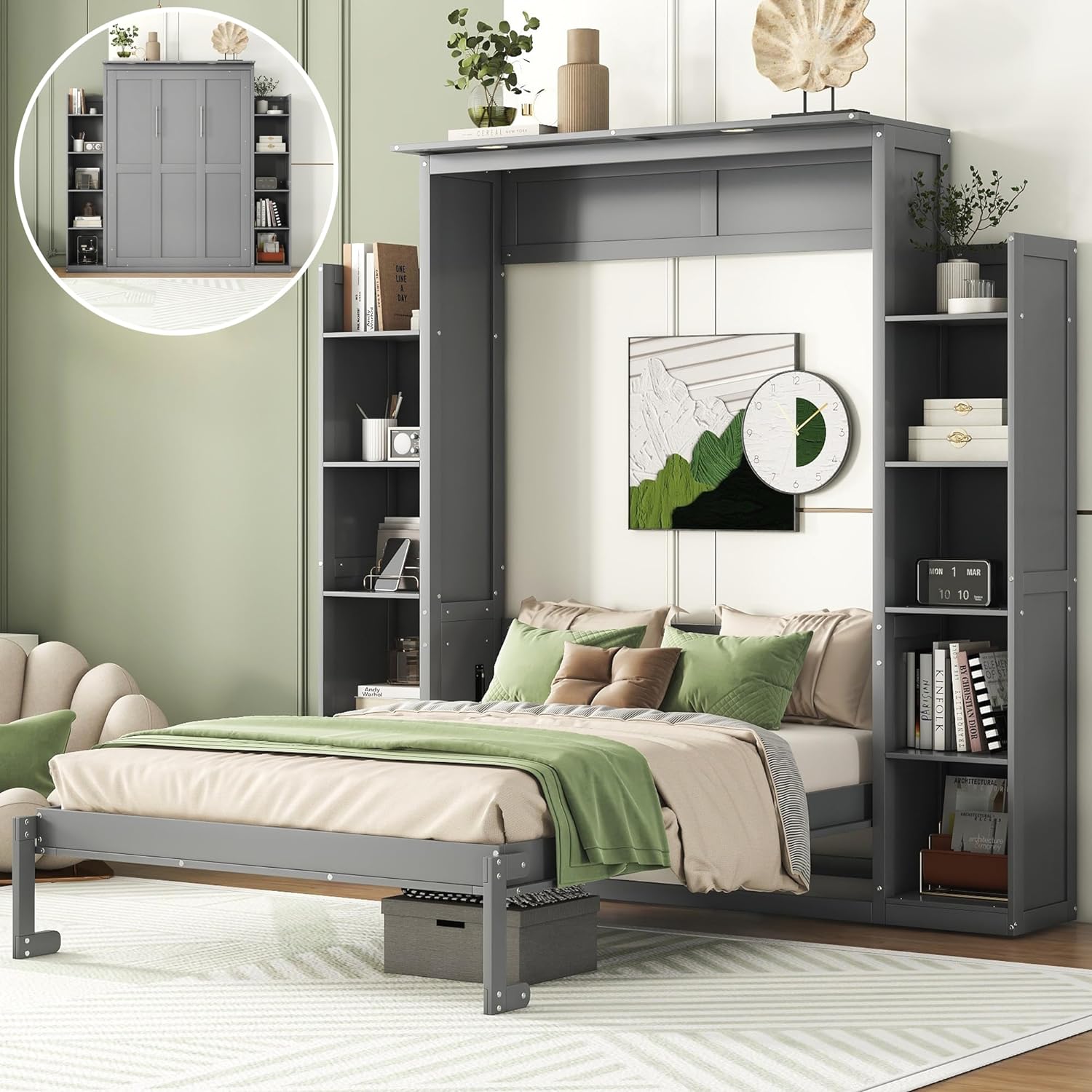 MERITLINE Full Murphy Bed Kit with Storage 8 Shelves and LED Lights, Wood Murphy Bed Cabinet Murphy Bed in a Cabinet Grey Murphy Wall Bed Units Full Size, LP00069