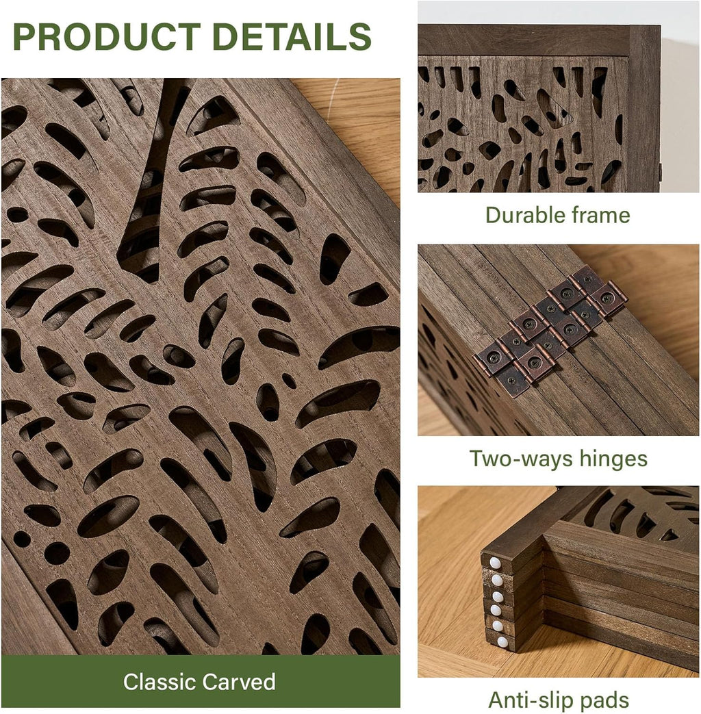 Leaf-Carved Room Divider Privacy Screen - 67 Inch Tall Foading Decorative Wood Screen Dividers Panel for Home - Natural Wood Room Partitions for Enhanced Privacy and Style Brown 6 Panel