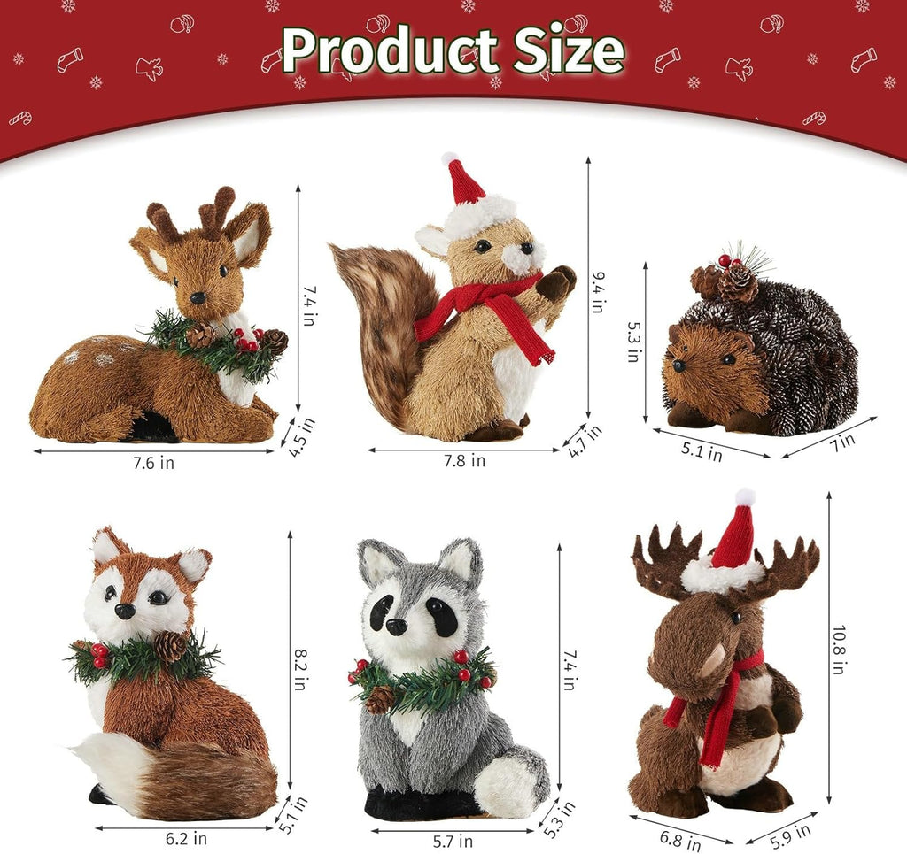 naturevibe Set of 6 Sisal Woodland Animals for Rustic Christmas Decorations, Forest Animals Figures with Holiday Accent as Christmas Table Decor or Holiday Decorations