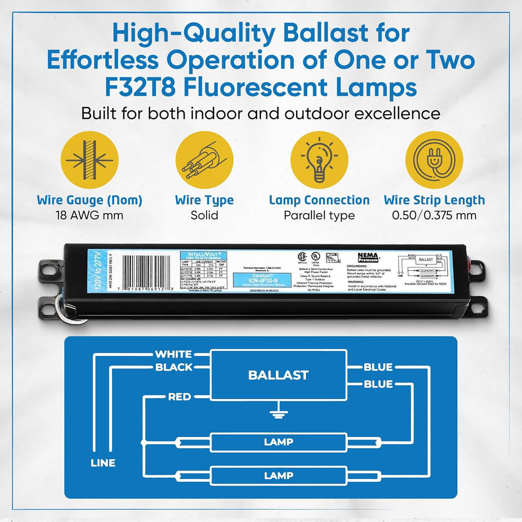ICN3P32N, 120-277V, 50-60Hz Input Frequency, Solid Wire Type, Instant Start Centium Electronic Fluorescent Ballast for 3 F32T8 Lamp Type, Indoor/Outdoor Use with Automatic Restart Ballast Box, 10 Pack