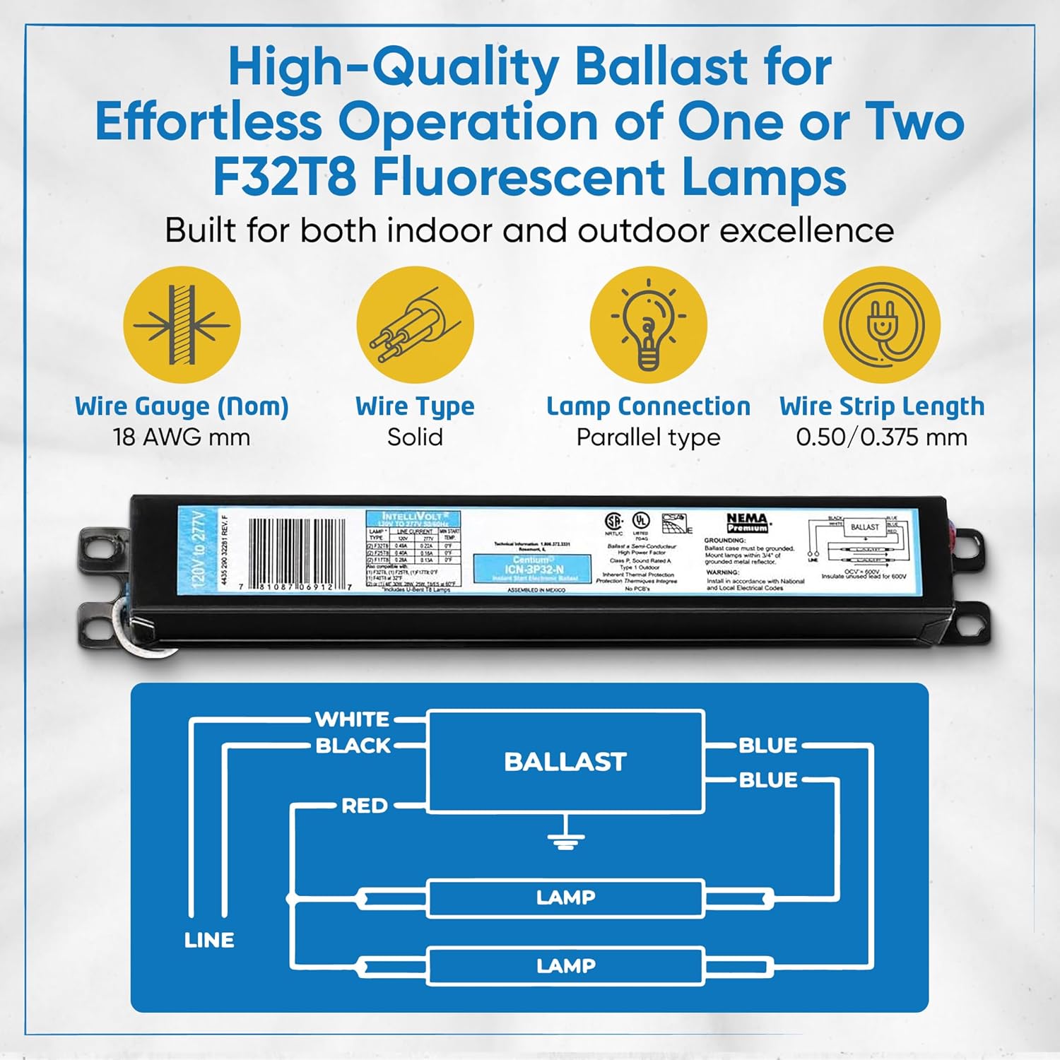 ICN3P32N, 120-277V, 50-60Hz Input Frequency, Solid Wire Type, Instant Start Centium Electronic Fluorescent Ballast for 3 F32T8 Lamp Type, Indoor/Outdoor Use with Automatic Restart Ballast Box, 10 Pack
