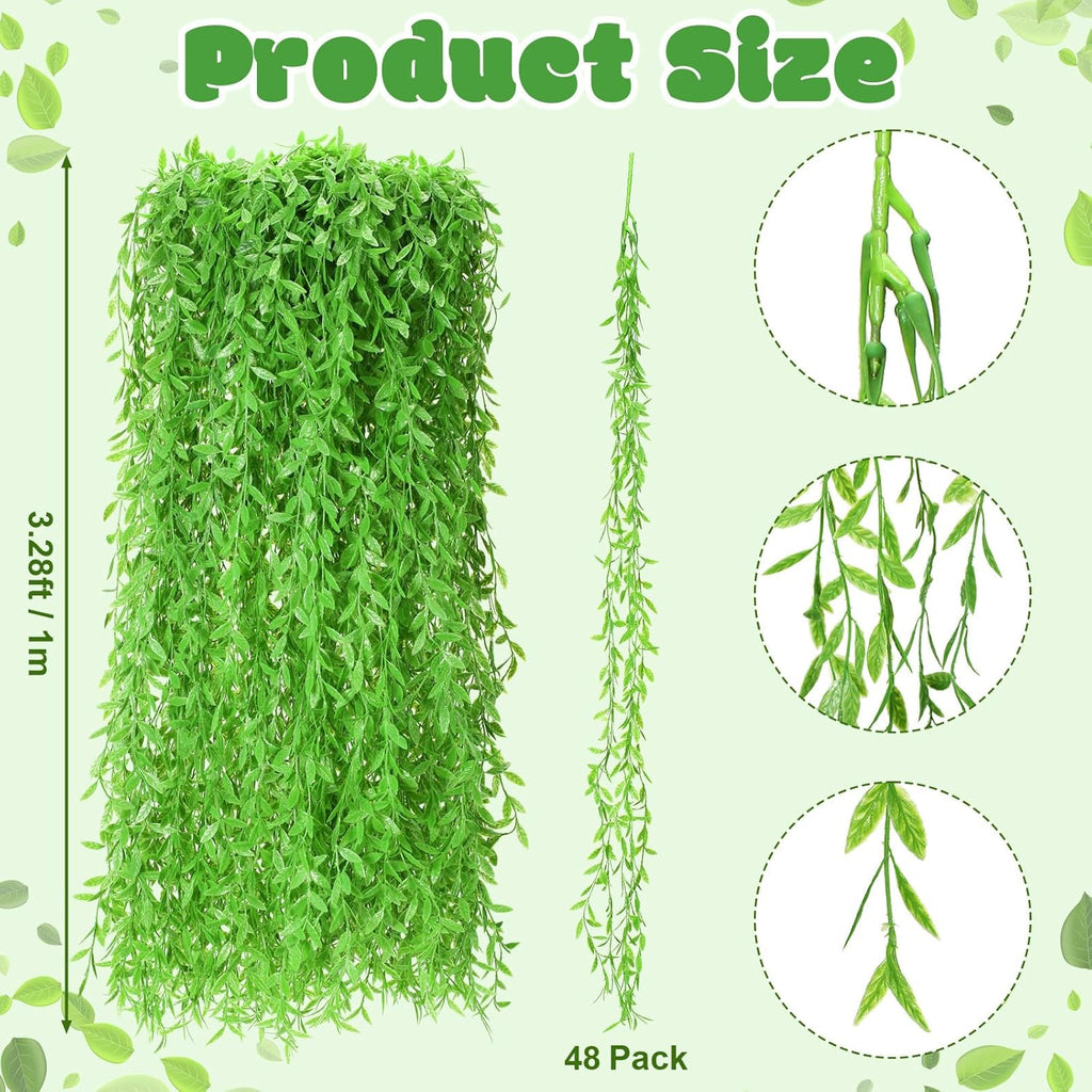Riceshoot 48 Pcs Artificial Hanging Vines Fake Weeping Willow Leaves Decor Fake Seaweed Artificial Vines Greenery Garland for Wedding Party Backdrop Wall Decor Garden Patio Backyard (Fruit Green)
