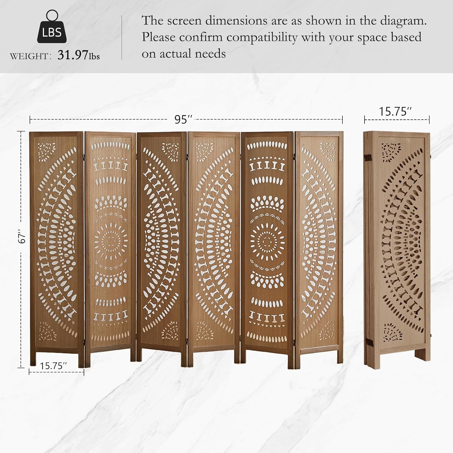 6 Panel Wood Room Divider Fully Assembled, Decorative Room Dividers and Folding Screens, 5.6Ft Room Divider Screen Freestanding Partition Wall Dividers for Home Bedroom Office, Brown