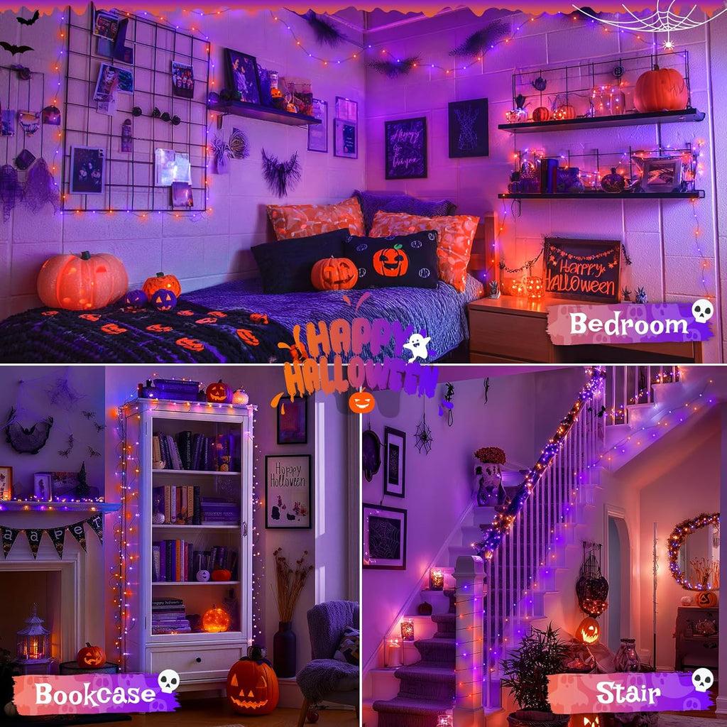 JMEXSUSS 2 Pack Orange and Purple Halloween Lights Battery Operated, Total 200 LED 66ft Halloween Fairy Lights with Remote, 8 Modes Twinkle String Lights for Fireplace Porch Tree Centerpiece Wreath