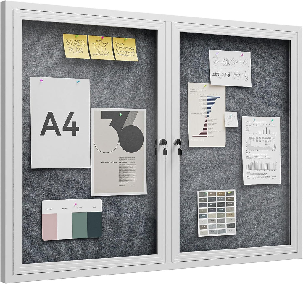 48"x36" Lockable Enclosed Bulletin Board, Outdoor Flet Weather-Resistant Aluminum Frame Notice Board, Wall Mounted Display Case Acrylic Doors for School,Office,Silver Frame w/Grey Flet
